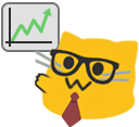 A smiling yellow cat wearing glasses and a tie pointing towards a chart with a green line going up.