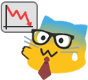 A scared yellow cat with glasses and a tie pointing towards a chart with a red line going down.